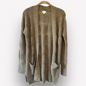 🍕🪻Cable knit pointelle cardigan long line loose weave small soft green/gray